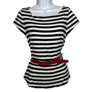 WHBM Belted Peplum T-shirt Top Size S Black White Striped Jersey Retro 80s